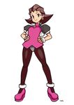  1girl artist_name black_legwear blush breasts brown_hair earrings female full_body green_eyes hairband jewelry legs looking_at_viewer pantyhose pink_hairband pov rockman rockman_dash simple_background smile solo standing tron_bonne typo_(requiemdusk) 