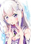  aloe_(kenkou3733) bare_shoulders braid breasts cleavage commentary_request elf emilia_(re:zero) flower flush hair_flower hair_ornament highres lips long_hair looking_at_viewer medium_breasts open_mouth pointy_ears purple_eyes re:zero_kara_hajimeru_isekai_seikatsu ribbon shoulder_cutout solo text_focus translation_request white_hair 