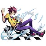  alpha_transparency collarbone divine_gate full_body grin groin hair_between_eyes looking_at_viewer male_focus navel no_game_no_life official_art pants purple_hair purple_pants purple_shirt red_eyes shirt smile solo sora_(no_game_no_life) spiked_hair transparent_background ucmm wrist_cuffs yellow_shirt 