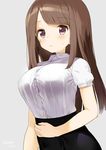  artist_name blush breasts brown_eyes brown_hair bursting_breasts button_gap dated eyebrows_visible_through_hair grey_background kaisen_chuui large_breasts long_hair original shirt simple_background skirt solo sweatdrop 