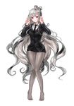  96dgd absurdres air_quotes black_legwear black_neckwear black_shorts black_suit closed_mouth collar dungeon_and_fighter expressionless female_slayer_(dungeon_and_fighter) flush formal full_body grey_hair highres legs_together lips long_hair long_sleeves looking_at_viewer multicolored_hair necktie no_shoes pantyhose red_eyes shiny shiny_clothes shiny_skin short_shorts shorts simple_background solo suit two-tone_hair very_long_hair white_background 