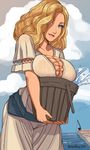  blonde_hair blue_eyes breasts bucket carrying cleavage dragon's_dogma dress lace-up_top large_breasts lipstick madeleine_(dragon's_dogma) makeup no_bra see-through skindentation smile solo standby wavy_hair wet wet_clothes wet_dress 