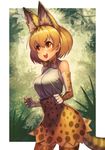  animal_ears animal_print bare_shoulders blonde_hair bow breasts brown_eyes elbow_gloves gloves hrtyuk kemono_friends large_breasts looking_away open_mouth serval_(kemono_friends) serval_ears serval_print serval_tail shirt short_hair skirt sleeveless sleeveless_shirt solo standing tail thighhighs white_shirt 
