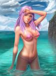  arm_at_side arm_up artist_name bikini blue_eyes blurry breasts cameltoe cloud collarbone commentary day depth_of_field groin hand_on_forehead head_tilt highres large_breasts long_hair looking_at_viewer micro_bikini narongdej_watcharapasorn navel ocean original outdoors pink_bikini purple_hair realistic rock sky smile solo standing swimsuit wading water 