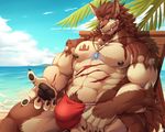  2017 abs anthro arm_tuft beach beard belly biceps big_biceps big_muscles blue_eyes brown_fur brown_hair brown_tail bulge canine claws clenched_teeth clothed clothing cloud detailed_background facial_hair fangs front_view fur hair hand_on_leg hand_on_thigh horizon huge_muscles jewelry looking_at_viewer male mammal markings muscular muscular_male necklace outside partially_clothed pawpads pecs pubes rabbity relaxing sand scar sea seaside sharp_teeth sitting sky solo spread_legs spreading symbol tattoo teeth thong tree underwear water were werethrope_laporte werewolf wolf 