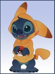  blue_eyes blue_fur bottomless claws clothed clothing disney fur kitchiki lilo_and_stitch open_mouth pokemon_ball simple_background smile stitch teeth tongue 