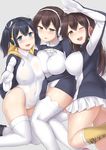  :d ;d akagi_(kantai_collection) arm_above_head ass blue_eyes blue_hair blush boots breast_press breasts brown_eyes brown_hair commentary cosplay covered_navel covered_nipples elbow_gloves emperor_penguin_(kemono_friends) emperor_penguin_(kemono_friends)_(cosplay) gentoo_penguin_(kemono_friends) gentoo_penguin_(kemono_friends)_(cosplay) girl_sandwich gloves grey_background hair_between_eyes headwear hood hoodie kaga_(kantai_collection) kantai_collection kemono_friends knee_boots kneehighs large_breasts leotard long_hair looking_at_viewer multiple_girls one_eye_closed open_mouth parted_lips pleated_skirt reaching_out royal_penguin_(kemono_friends) royal_penguin_(kemono_friends)_(cosplay) sama_samasa sandwiched side_ponytail simple_background skirt smile souryuu_(kantai_collection) thighhighs thighs twintails white_legwear white_skirt yellow_footwear 