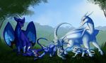  day detailed_background dragon female feral grass group horn kitchiki male membranous_wings sitting sky smile standing sun wings 