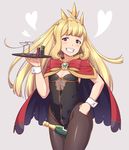  adapted_costume ao_banana bangs between_thighs black_legwear black_leotard blonde_hair blush bottle breasts cagliostro_(granblue_fantasy) cape cowboy_shot crown cup drinking_glass granblue_fantasy grin hairband hand_on_hip heart highleg highleg_leotard highres holding holding_tray leotard long_hair looking_at_viewer pantyhose playboy_bunny_leotard poker_chip purple_eyes sidelocks small_breasts smile solo tray wine_bottle wine_glass wrist_cuffs 