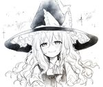  blush bow hajin happy hat hat_bow kirisame_marisa long_hair looking_at_viewer monochrome sketch smile solo sparkle touhou wavy_hair witch_hat 