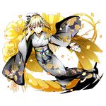  ahoge alpha_transparency alternate_costume aqua_eyes artoria_pendragon_(all) blonde_hair divine_gate fate/stay_night fate_(series) floating_hair full_body grey_kimono hair_ornament hand_in_hair japanese_clothes kimono looking_at_viewer official_art saber sash shadow short_hair smile solo transparent_background ucmm white_legwear yukata 