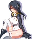  black_hair brown_eyes emperor_penguin_(kemono_friends) fujikusa hair_over_one_eye headphones highleg highleg_leotard highres jacket kemono_friends leotard long_hair looking_at_viewer multicolored_hair open_clothes sitting thighhighs white_legwear white_leotard 