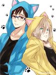  animal_hood black_hair black_shirt blonde_hair blue-framed_eyewear brown_eyes cat_hood catboy commentary_request glasses green_eyes hood hood_up hooded_jacket jacket katsuki_yuuri kumakazo19840616 long_sleeves male_focus multiple_boys namco_namja_town paw_print shirt smile twitter_username yuri!!!_on_ice yuri_plisetsky 