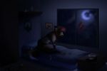  anthro bed clothing detailed_background female hair inside kitchiki mammal night on_bed red_hair solo window 