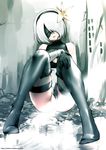  ass bare_shoulders black_gloves black_legwear blindfold breasts cleavage facing_viewer flower gloves hair_flower hair_ornament hairband leotard leotard_aside light_censor mole mole_under_mouth nier_(series) nier_automata parted_lips short_hair sitting small_breasts solo souryu thighhighs yorha_no._2_type_b 