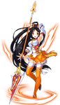  ara_han arm_up armpits black_hair brown_eyes detached_sleeves elsword full_body highres holding holding_weapon little_xia_(elsword) long_hair looking_at_viewer official_art open_mouth orange_legwear orange_skirt polearm ress ribbon skirt solo thighhighs transparent_background very_long_hair weapon white_ribbon 