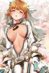  :o ahoge belt blush bodysuit breasts brown_hair chain cowboy_shot fate/extra fate/extra_ccc fate_(series) flower gloves green_eyes hair_flower hair_ornament half-closed_eyes hidebuu large_breasts lock long_sleeves navel nero_claudius_(bride)_(fate) nero_claudius_(fate)_(all) padlock petals short_hair solo unzipped veil white_bodysuit white_gloves zipper 