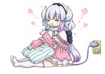  =_= capelet commentary_request dragon_girl dragon_horns dragon_tail eating electric_socket food hair_bobbles hair_ornament hairband holding horns kanna_kamui kobayashi-san_chi_no_maidragon lavender_hair long_hair looking_at_viewer low_twintails merushi~ pillow popsicle recharging simple_background sitting solo tail thighhighs twintails white_background white_legwear zettai_ryouiki 