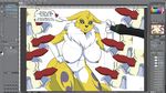  2017 animal_genitalia animal_penis anthro areola balls big_breasts breasts canine_penis digimon english_text erect_nipples erection female group huge_breasts humor knot male navel nipples penis pussy renamon text yawg 