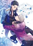  amg_(nwmnmllf) black_hair blue_eyes blue_flower blue_rose brown_eyes cover cover_page epaulettes eye_contact flower hair_slicked_back ice_skates jewelry katsuki_yuuri lifting_person looking_at_another male_focus multiple_boys petals ring rose silver_hair skates smile viktor_nikiforov yaoi yuri!!!_on_ice 