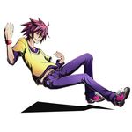  alpha_transparency collarbone divine_gate full_body grin groin hair_between_eyes looking_at_viewer male_focus navel no_game_no_life official_art pants purple_hair purple_pants purple_shirt red_eyes shadow shirt smile solo sora_(no_game_no_life) spiked_hair transparent_background ucmm wrist_cuffs yellow_shirt 