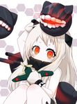  ahoge aircraft airplane covered_mouth dress enemy_aircraft_(kantai_collection) erniang holding horns kantai_collection long_hair looking_at_viewer machinery mitsubishi_a7m3-j mittens northern_ocean_hime orange_eyes shinkaisei-kan sitting turret white_dress white_hair white_skin 