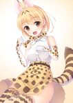  animal_ears animal_print bangs bare_shoulders belt blonde_hair blush bow brown_eyes elbow_gloves extra_ears eyebrows_visible_through_hair gloves highres kemono_friends looking_at_viewer open_mouth serval_(kemono_friends) serval_ears serval_print serval_tail shirt short_hair simple_background sitting skirt sleeveless sleeveless_shirt solo tail thighhighs umitonakai white_shirt 