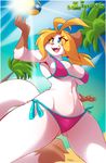  2017 anthro armpits big_breasts bikini blonde_hair blue_eyes blush breasts brown_fur cat chalo clothed clothing feline female fur hair las_lindas mammal open_mouth outside sarah_silkie smile solo standing swimsuit thick_thighs white_fur 
