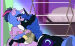  2017 anthro anthrofied armor bite blue_eyes blue_hair blush breasts butt cleavage clothed clothing cutie_mark duo equine eyeshadow female friendship_is_magic hair helmet horn kneeling lying makeup mammal my_little_pony nightmare_moon_(mlp) panties sammy-upvotes sparkles twilight_sparkle_(mlp) underwear undressing unicorn 