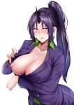  1girl :p absurdres areolae arm_under_breasts blush breast_hold breasts collarbone collared_shirt deroo green_shirt highres horn jacket large_breasts long_hair long_sleeves looking_at_viewer nipples nose_blush pants ponytail puffy_nipples purple_eyes purple_hair purple_jacket purple_pants shion_(tensei_shitara_slime_datta_ken) shirt simple_background solo tensei_shitara_slime_datta_ken tongue tongue_out upper_body white_background 