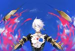  9tsumura cloud death fate/apocrypha fate/grand_order fate_(series) fur_collar hole_in_chest jewelry karna_(fate) looking_at_viewer male_focus pale_skin sky white_hair 