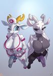  2017 anthro antlers atryl balls big_breasts blue_eyes blue_nose breasts cervine cleavage clothed clothing deer dickgirl duo half-closed_eyes hand_on_breast hi_res horn intersex mammal one_eye_closed open_mouth penis pink_nose purple_eyes wink 