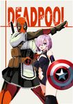  1girl alternate_costume apron armor armored_dress belt bodysuit breasts captain_america commentary_request crossover deadpool enmaided fate/grand_order fate_(series) hair_over_one_eye kamen_rider kanameya katana long_sleeves looking_at_viewer maid maid_apron marvel mash_kyrielight mask medium_breasts purple_eyes purple_hair shield short_hair smile sword waist_apron weapon 