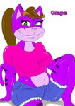  cat clothing feline female grape_(character) looking_at_viewer mammal ponytail shirt shorts slightly_chubby smile spunk3y_monk3y 