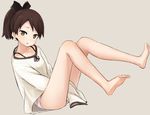  abe_kanari bare_legs barefoot blush brown_eyes brown_hair collarbone feet full_body grey_background kantai_collection looking_at_viewer open_mouth oversized_clothes oversized_shirt panties polka_dot polka_dot_panties ponytail shikinami_(kantai_collection) shirt short_hair simple_background sleeves_past_wrists solo underwear white_shirt 