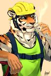  2017 anthro armor black_fur cigarette clothed clothing construction_worker feline fur green_eyes hard_hat harness helmet knoll-noru looking_at_viewer male mammal orange_fur shirt simple_background smoking solo stripes tank_top tiger white_fur worker 