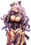  armor black_armor black_gloves black_panties boots breasts camilla_(fire_emblem_if) capelet cleavage eyelashes fire_emblem fire_emblem_if gloves hair_over_one_eye hand_on_own_cheek kokutan_kitsunen large_breasts lips long_hair looking_at_viewer panties purple_eyes purple_hair shiny shiny_clothes shiny_skin simple_background solo thigh_boots thighhighs thighs tiara underwear vambraces wavy_hair white_background 