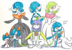  5girls absurdres alternate_color artist_name bangs bare_shoulders blue_hair blue_neckwear blue_skin blush blush_stickers breasts closed_mouth collarbone creatures_(company) eye_contact eyes_closed flat_chest full_body furry game_freak gardevoir gen_3_pokemon green_eyes green_hair green_skin hair_over_one_eye hand_up hands_on_hips hands_up happy highres indian_style kirlia kneeling looking_at_another looking_down looking_up mega_gardevoir mega_pokemon multiple_girls neckerchief nintendo no_humans open_mouth orange_eyes original outstretched_arm outstretched_arms pokemon pokemon_(creature) purple_hair ralts sash shiny shiny_hair shiny_pokemon short_hair signature simple_background sitting small_breasts smile standing striped striped_neckwear traditional_media two-tone_skin white_background white_skin yuumikuchi 