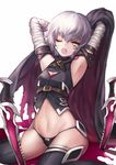  ;d armpits bandages bare_shoulders black_legwear black_panties blush breasts cape commentary_request dagger fate/apocrypha fate_(series) green_eyes highres jack_the_ripper_(fate/apocrypha) looking_at_viewer navel one_eye_closed open_mouth panties scar short_hair silver_hair simple_background sitting small_breasts smile solo thighhighs thighs underwear wariza weapon white_background yui_(kawalcjil4) 