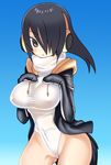 aoi_souji black_hair brown_eyes covered_navel covered_nipples emperor_penguin_(kemono_friends) hair_over_one_eye headphones highleg highleg_leotard highres jacket kemono_friends leotard long_hair looking_at_viewer multicolored_hair open_clothes standing taut_clothes thighhighs white_legwear white_leotard 