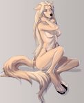  black-kalak black_nose blonde_hair blue_eyes breasts canine dog female fur hair mammal nipples nude simple_background solo tan_fur 