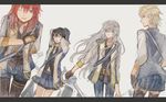  black_gloves black_hair black_legwear blonde_hair blue_eyes cape ensemble_stars! epaulettes genderswap genderswap_(mtf) gloves knights_(ensemble_stars!) long_hair multiple_girls narukami_arashi one_eye_closed orange_hair purple_eyes pyongtaro red_eyes red_hair sakuma_ritsu sena_izumi_(ensemble_stars!) short_hair shorts silver_hair skirt smile suou_tsukasa 