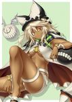  armpits belt beltbra bracelet breasts cape commentary_request dark_skin guilty_gear guilty_gear_xrd hair_between_eyes hat highres jewelry knee_up long_hair looking_at_viewer loose_belt medium_breasts navel orange_eyes parted_lips ramlethal_valentine revealing_clothes roura short_shorts shorts silver_hair solo stomach thigh_strap underboob 
