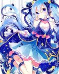  blue_eyes blue_hair commentary_request detached_sleeves dress hair_ribbon hatsune_miku highres long_hair looking_at_viewer remimim ribbon smile snowflakes solo star_night_snow_(vocaloid) twintails very_long_hair vocaloid yuki_miku 