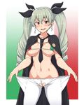  anchovy ao_banana ass_visible_through_thighs bangs between_breasts bikini bikini_top black_neckwear black_ribbon blush breasts breasts_apart cape collarbone crotch_cutout crotch_seam drill_hair embarrassed eyebrows eyebrows_visible_through_hair fingernails forced_smile girls_und_panzer green_hair groin hair_between_eyes hair_ribbon highres large_breasts long_fingernails long_hair looking_at_viewer micro_bikini navel necktie necktie_between_breasts open_mouth pantyhose pantyhose_pull partially_visible_vulva red_eyes ribbon solo stomach sweat swimsuit torn_clothes torn_legwear twin_drills twintails white_legwear 