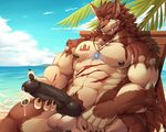  2017 abs animal_genitalia anthro arm_tuft balls beach beard belly biceps big_biceps big_muscles big_penis black_nipples black_penis blue_eyes brown_fur brown_hair brown_tail bulge canine claws clenched_teeth clothed clothing cloud detailed_background erection facial_hair fangs front_view fur hair hand_on_leg hand_on_penis hand_on_thigh horizon huge_muscles humanoid_penis jewelry knot long_penis looking_at_viewer male mammal markings muscular muscular_male necklace nipples outside pawpads pecs penis precum pubes rabbity relaxing sand scar sea seaside sharp_teeth sitting sky solo spread_legs spreading symbol tattoo teeth thick_penis thong topless tree underwear vein veiny_penis water were werethrope_laporte werewolf wolf 