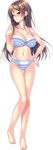  amakano_~second_season~ barefoot blue_bra blue_panties blush bow bow_bra bra breasts brown_hair cleavage full_body hair_ornament hairclip hand_on_hip highres ichinose_honami_(amakano) large_breasts long_hair looking_at_viewer navel official_art panties piromizu simple_background smile solo standing thigh_gap underwear white_background yellow_eyes 