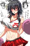  ahoge alternate_costume ar_(lover_boy) areola_slip areolae armpits black_hair blush breasts cheerleader clothes_writing collarbone commentary crop_top crop_top_overhang fusou_(kantai_collection) hair_ornament highres kantai_collection large_breasts long_hair looking_at_viewer midriff miniskirt multiple_girls navel no_bra open_mouth pom_poms red_eyes shigure_(kantai_collection) shiny shiny_skin short_hair skirt sleeveless sweatdrop translated underboob yamashiro_(kantai_collection) 