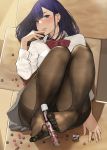  1girl bangs blush bow bowtie breasts brown_legwear candy chocolate collared_shirt desk eyebrows_visible_through_hair feet finger_to_mouth food foot_hold from_above hand_to_own_mouth highres legs_folded legs_up long_hair looking_at_viewer lying medium_breasts mole mole_under_eye no_shoes on_back on_desk original pantyhose parted_lips purple_eyes purple_hair red_neckwear school_desk shirt smile solo spill thighband_pantyhose toes unbuttoned_sleeves white_shirt yomu_(sgt_epper) 