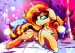  blonde_hair blue_eyes cutie_mark equestria_girls equine eyelashes female feral fur hair hooves horn lying mammal my_little_pony rariedash red_hair sunset_shimmer_(eg) tan_fur unicorn 